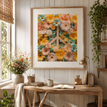 Florale Vredessymbool Kunstposter – Retro 60s Bloe
