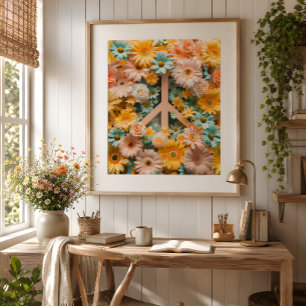 Florale Vredessymbool Kunstposter – Retro 60s Bloe Poster