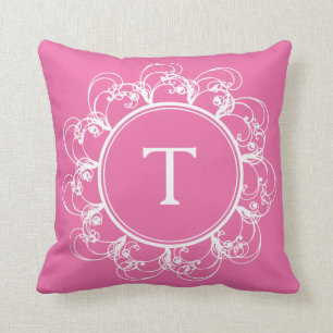 Florale Wervelingen Monogram Kussen roze