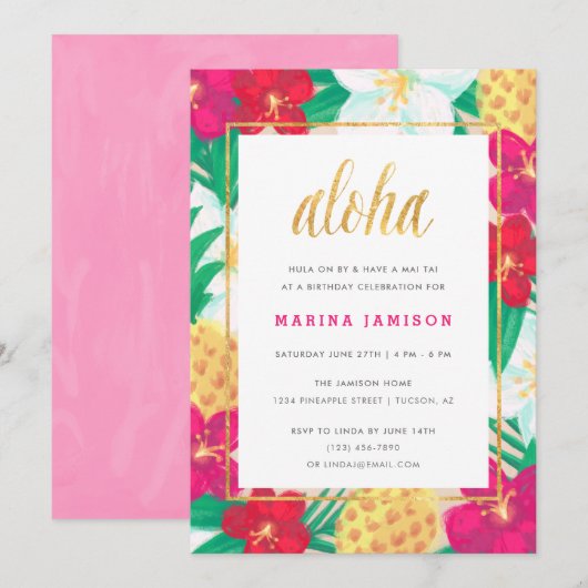 Florales hawaiiennes Invitations de fêtes tropical (Devant / Derrière)