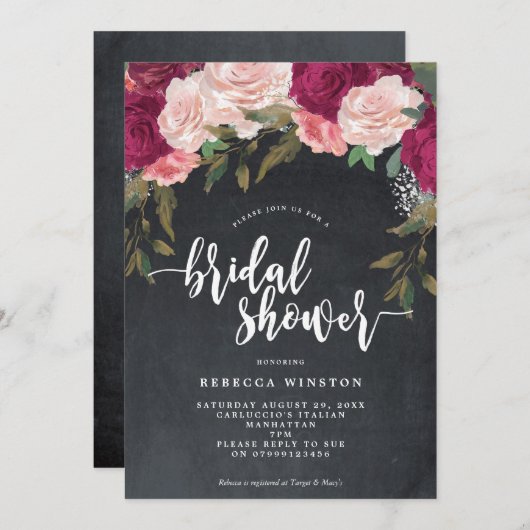 florales roses bordeaux invitation douche nuptiale (Devant / Derrière)