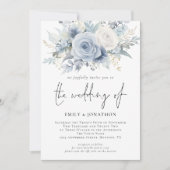 Florals 3 foto's QR Code Dusty Blue Wedding Kaart (Voorkant)