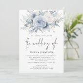 Florals 3 foto's QR Code Dusty Blue Wedding Kaart (Staand voorkant)