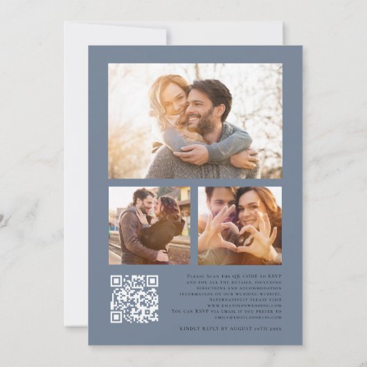 Florals 3 foto's QR Code Dusty Blue Wedding Kaart (Achterkant)