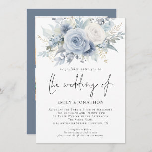 Florals 3 foto's QR Code Dusty Blue Wedding Kaart