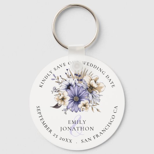 Florals Lila Wedding Keepslag sparen de Datum Sleutelhanger (Voorkant)