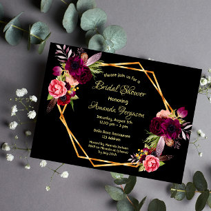 Florals noirs burgundy invitation à la douche nupt