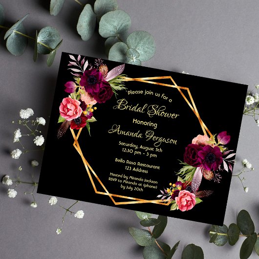 Florals noirs burgundy invitation à la douche nupt
