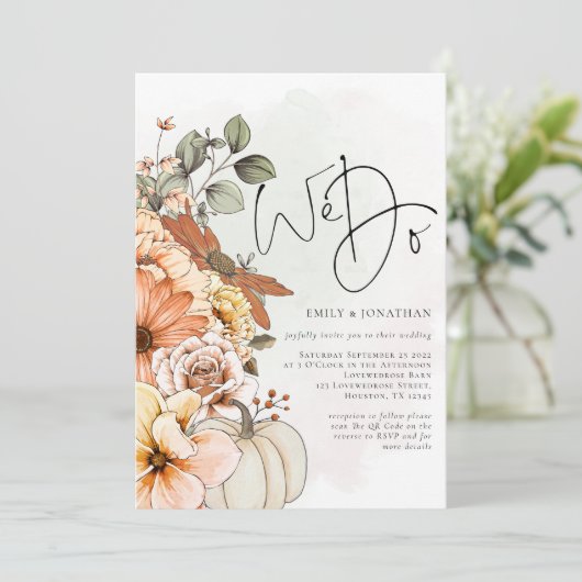 Florals Pumpkin herfst We doen QR Code Weddenschap Kaart (Staand voorkant)