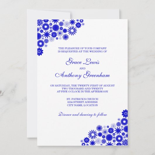  Florals Royal Blue Wedding Invitation Kaart (Voorkant)