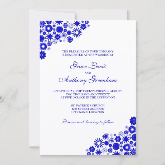 Florals Royal Blue Wedding Invitation Kaart (Voorkant)