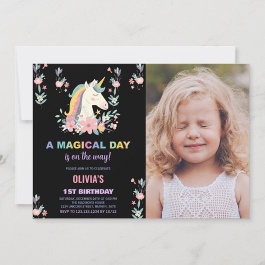 Florals Unicorn Anniversaire Invitations avec phot (Devant)