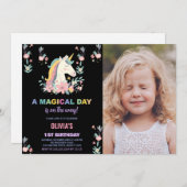 Florals Unicorn Anniversaire Invitations avec phot (Devant / Derrière)