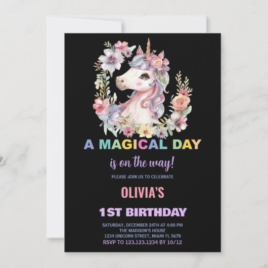 Florals Unicorn Invitations d'anniversaire (Devant)