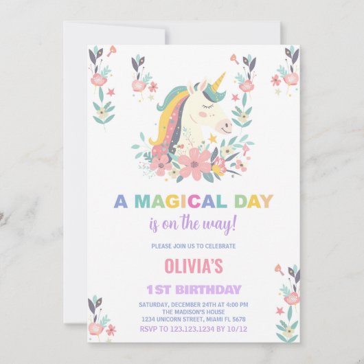 Florals Unicorn Invitations d'anniversaire (Devant)