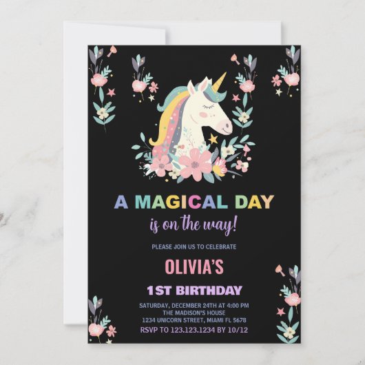 Florals Unicorn Invitations d'anniversaire (Devant)