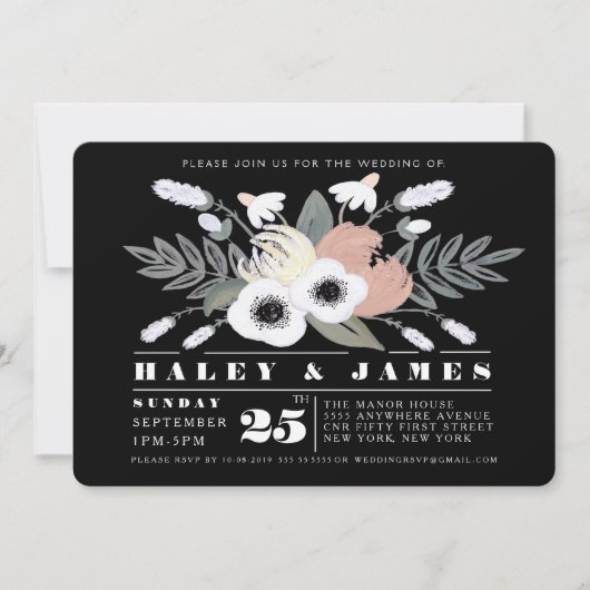 Florals Wedding Black & White uitnodigingen (Voorkant)