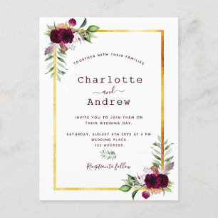 Florals white gold greenery burgundy boho bruiloft briefkaart