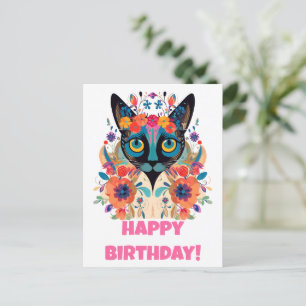 FloralSiamese Cat Briefkaart: Happy Birthday Editi Briefkaart