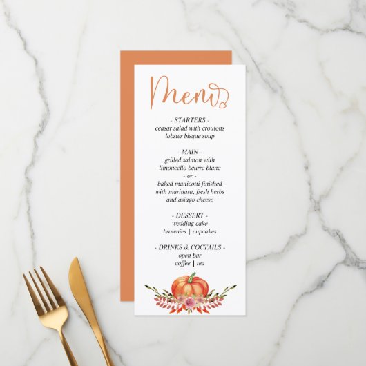 Floraux citrouille d'automne moderne menu mariage (Devant/Arrière en situation)