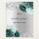 Floraux vert argent élégant glamour 2026<br><div class="desc">Arrière - plan à l'aspect argent faux décoré de fleurs vertes,  de fleurs et de parties scintillant faux argent,  scintille. Personnaliser et une année,  nom et titre/texte</div>