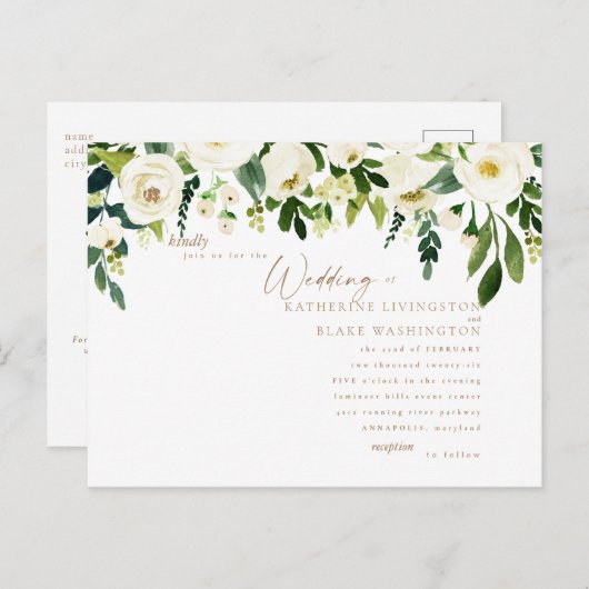 Flore blanche simple et Faire-part de mariage or (Devant / Derrière)