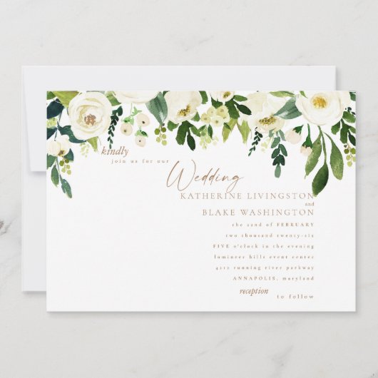 Flore blanche simple et Faire-part de mariage or (Devant)