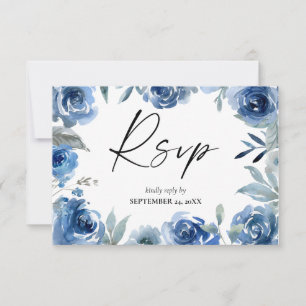 Flore bleu et bleu Dusty avec carte RSVP de repas