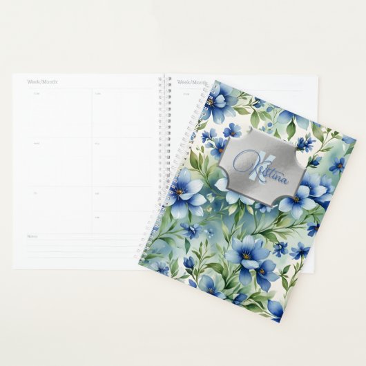 Flore Bleue élégant avec cadre Monogramme Argent (Devant avec enveloppe)