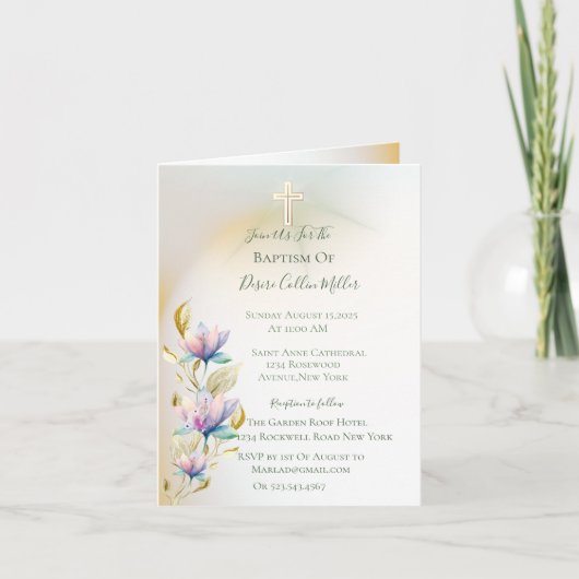 Flore Blush & Lilac, Invitation Baptême Croix Or (Devant)