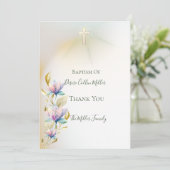 Flore Blush & Lilac, Invitation Baptême Croix Or (Debout devant)