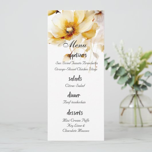 Flore d'aquarelle blanche et or Menu Mariage (Debout devant)