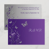 Flore d'argent violet avec Papillons carte RSVP (Devant / Derrière)