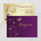 Flore d'or violet avec papillons Carte RSVP 2 (Devant / Derrière)