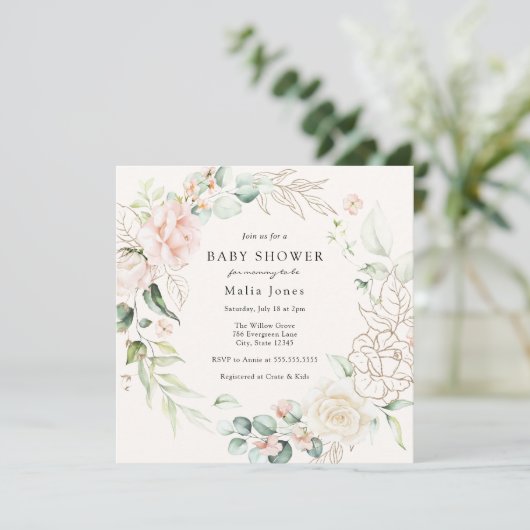 Flore floue et Baby shower verdoyant Invitation (Debout devant)
