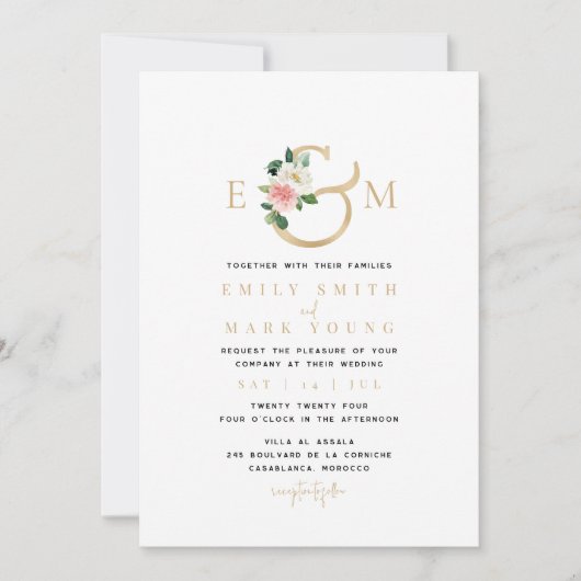Flore flush & or, Faire-part de mariage monogramme (Devant)
