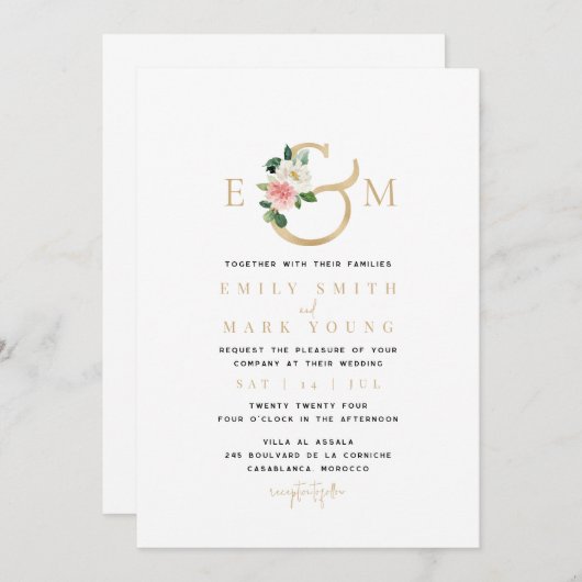 Flore flush & or, Faire-part de mariage monogramme (Devant / Derrière)