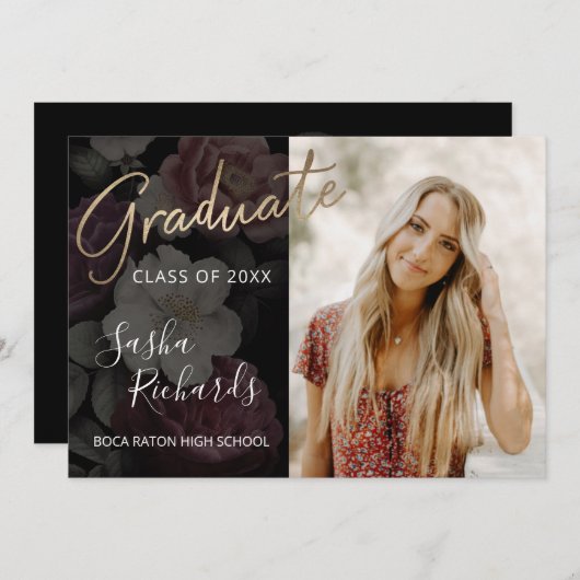 Flore foncée Faire-part de graduation moderne (Devant / Derrière)