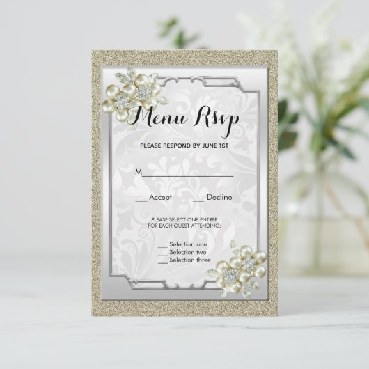 Flore Gem encadré, or & argent Menu Mariage RSVP (Debout devant)