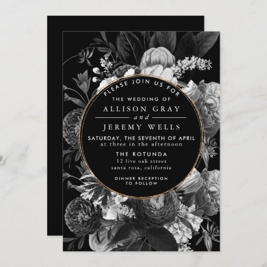 Flore noire et blanche Faire-part de mariage (Devant / Derrière)
