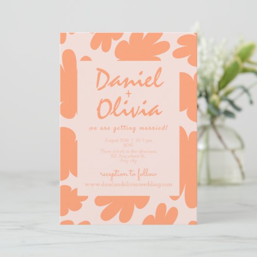 Flore rétro beige avec Faire-part de mariage QR (Debout devant)