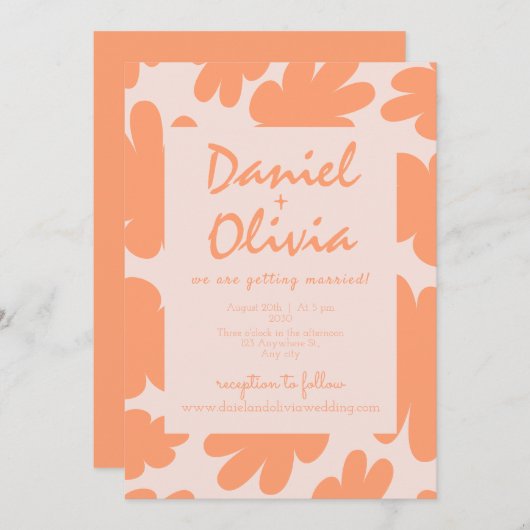 Flore rétro beige avec Faire-part de mariage QR (Devant / Derrière)