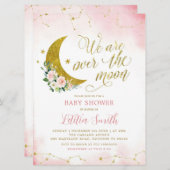 Flore rose sur la lune Baby shower Invitation (Devant / Derrière)