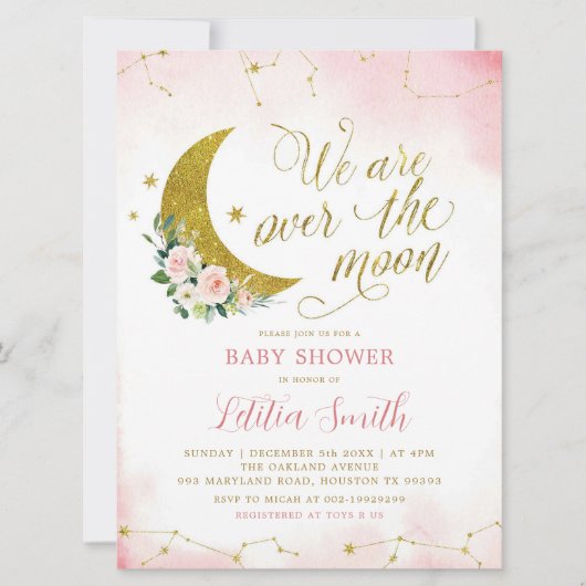 Flore rose sur la lune Baby shower Invitation (Devant)