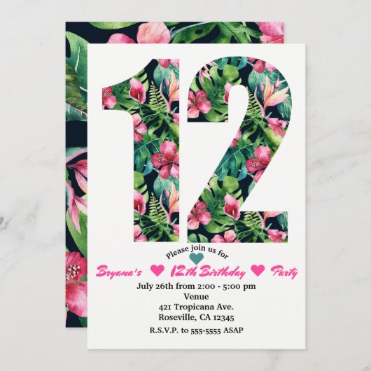 Flore tropicale 12 12e anniversaire Invitation de  (Devant / Derrière)