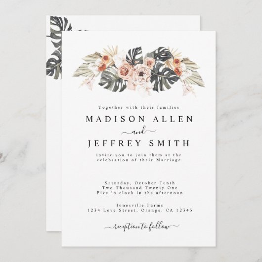 Flore tropicale & Palm Faire-part de mariage bohèm (Devant / Derrière)