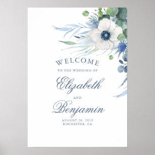 Flore vert Dusty Blue Mariage Affiche de bienvenue