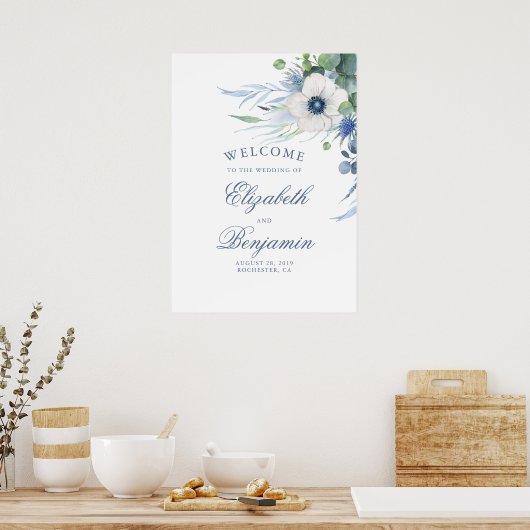 Flore vert Dusty Blue Mariage Affiche de bienvenue (Cuisine)