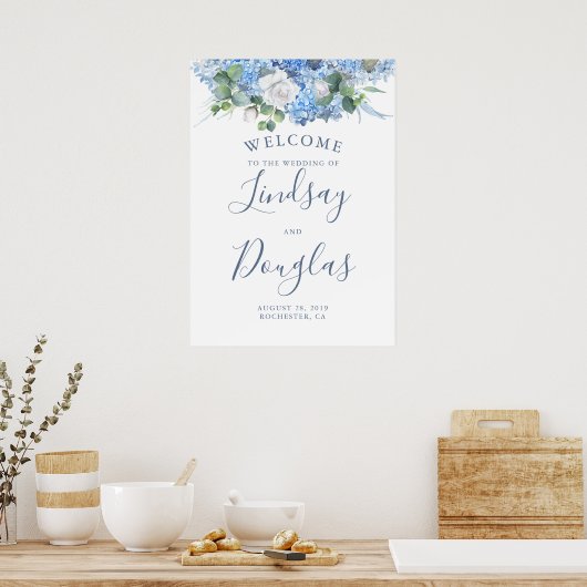 Flore vert Dusty Blue Mariage Affiche de bienvenue (Cuisine)