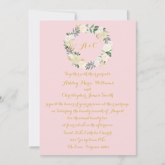 Flore vert Faire-part de mariage rose & or (Devant)